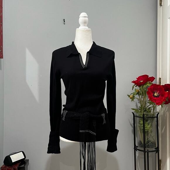 NEW Willi Smith Ribbed Boho Fringe Belted Contrast Longline Collar Sweater Top S - Picture 5 of 13